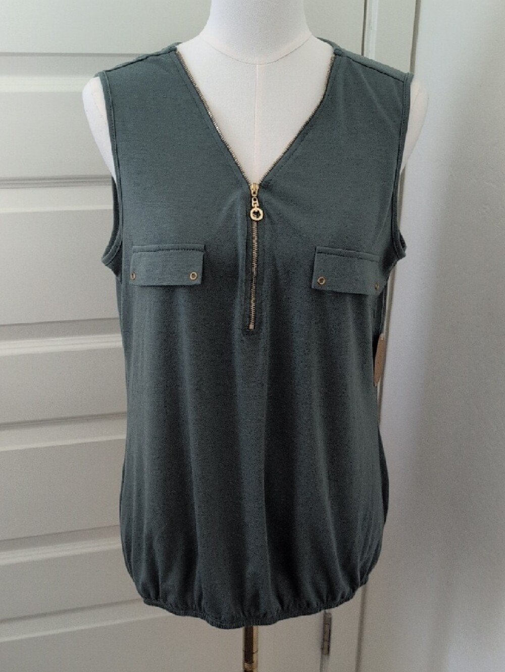 PARALLEL SKIES Zip-Front Tank Top Sage Green Cinched Waist Faux Pockets Size XL